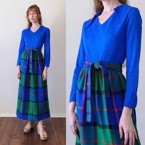 vintage 70s small tartan plaid mod maxi dress